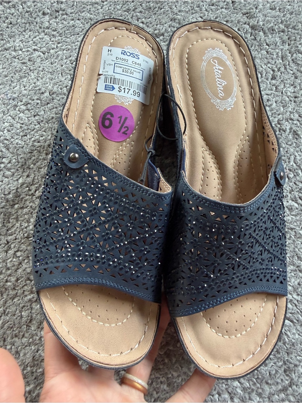 Women's Navy Laser-Cut Slide Sandals - Size 6.5